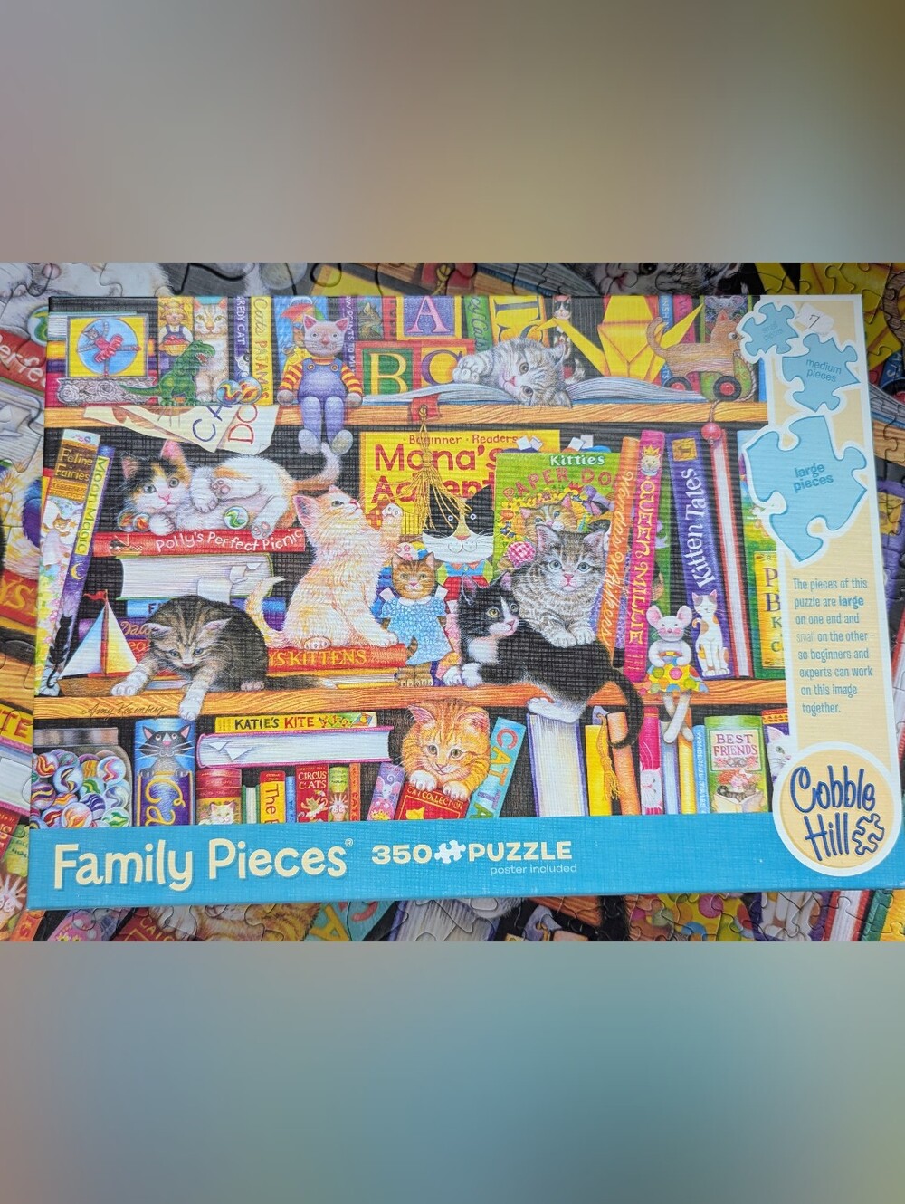 Cobble Hill Family puzzle  350-Piece Jigsaw Puzzle - Colorful Kittens Shelf - Picture 3 of 5